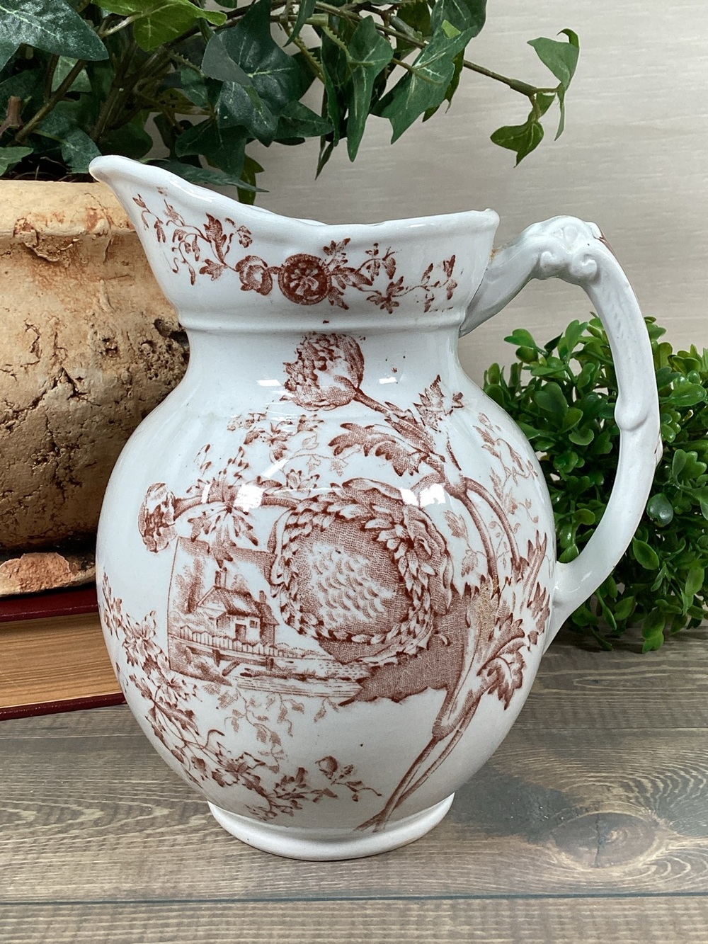 Antique F. Winkle & Co England Sunbeam Transferware 6" Brown Floral Pitcher